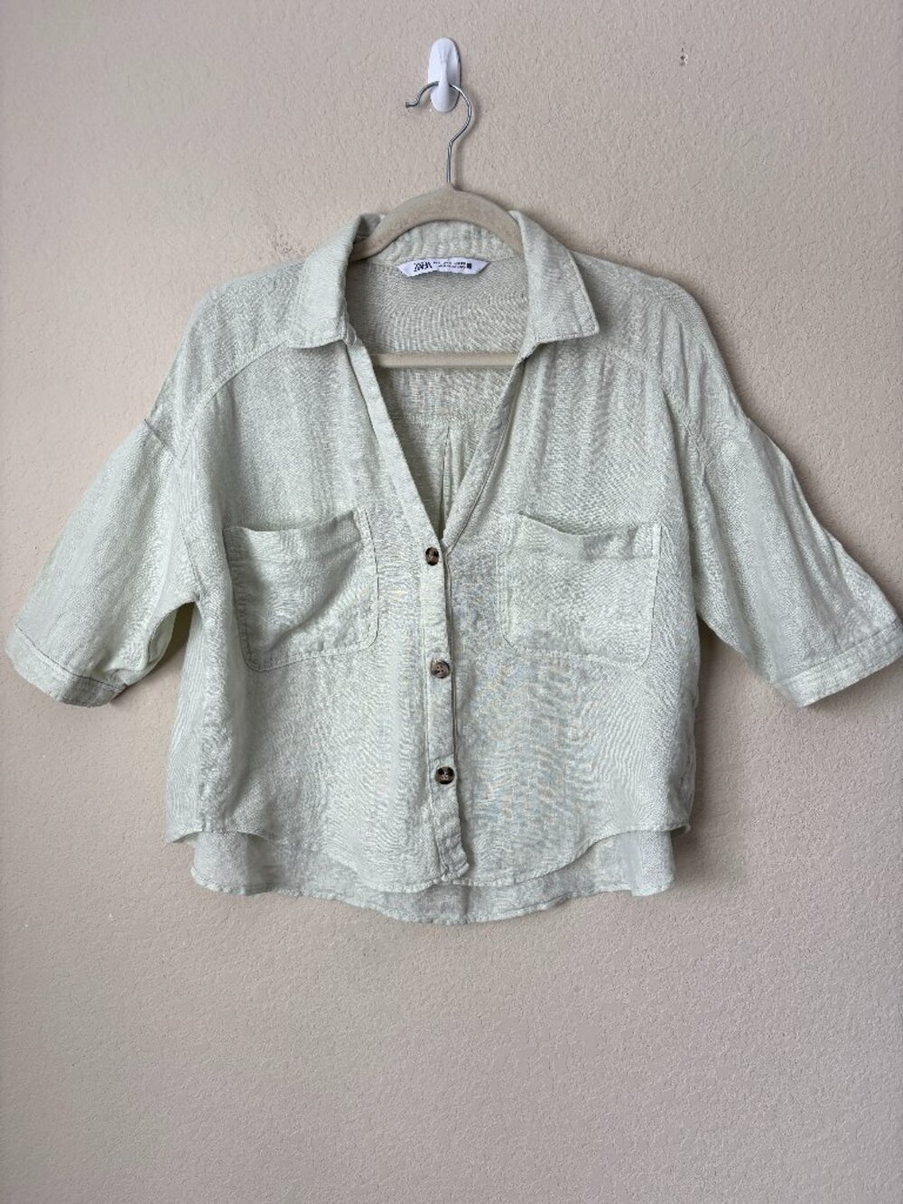 Zara Linen Button Up Boxy Cropped Pistachio Green Shirt - Picture 2 of 11